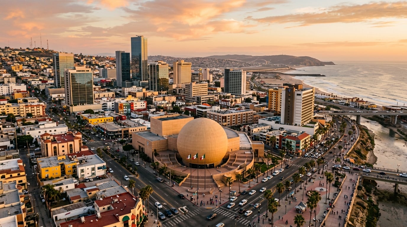 Scenic view of Baja California, Mexico coastline and cityscape